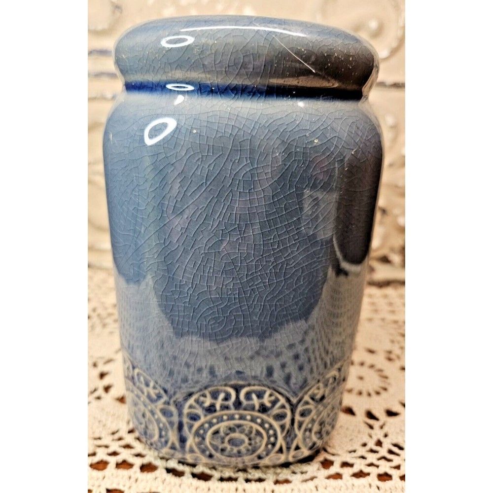 Boho Design Blue Ceramic Crackle Glaze Jar Vase w/ Ornate Pattern on the Bottom